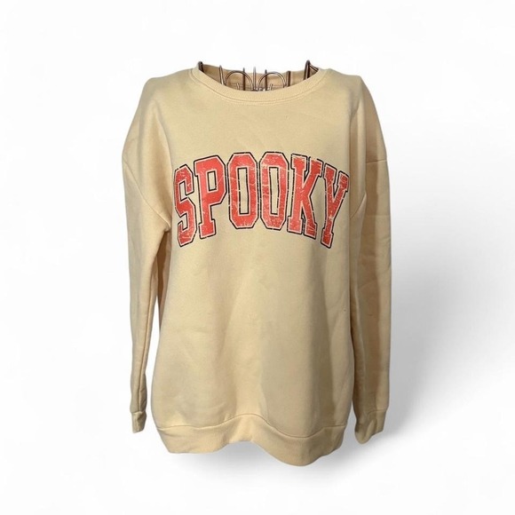 Spooky Halloween Graphic Sweatshirt – Beige Crewneck Pullover Small Cozy Fall - Picture 1 of 4